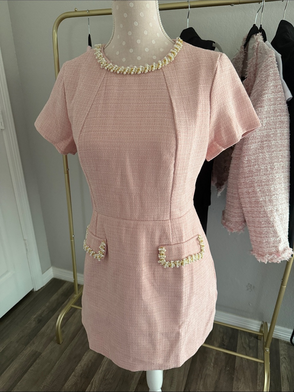 Elegant Pink Tweed Short-Sleeve Dress with Embellished Trim